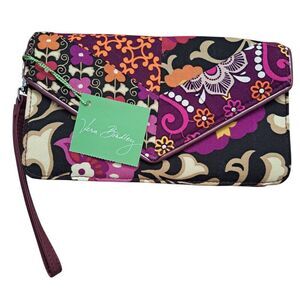 Vera Bradley Suzani Envelope Wallet Black Pink Multicolor Quilted Cotton Fabric